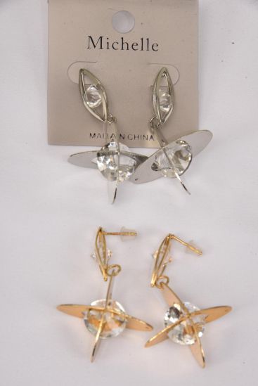 Earrings Metal Dangle Abstract Glass Crystals / 12 pair = Dozen Post , Size - 2.25" x 1.25" Wide , 6 Gold , 6 Silver Mix , Earring Card & OPP Bag & UPC Code