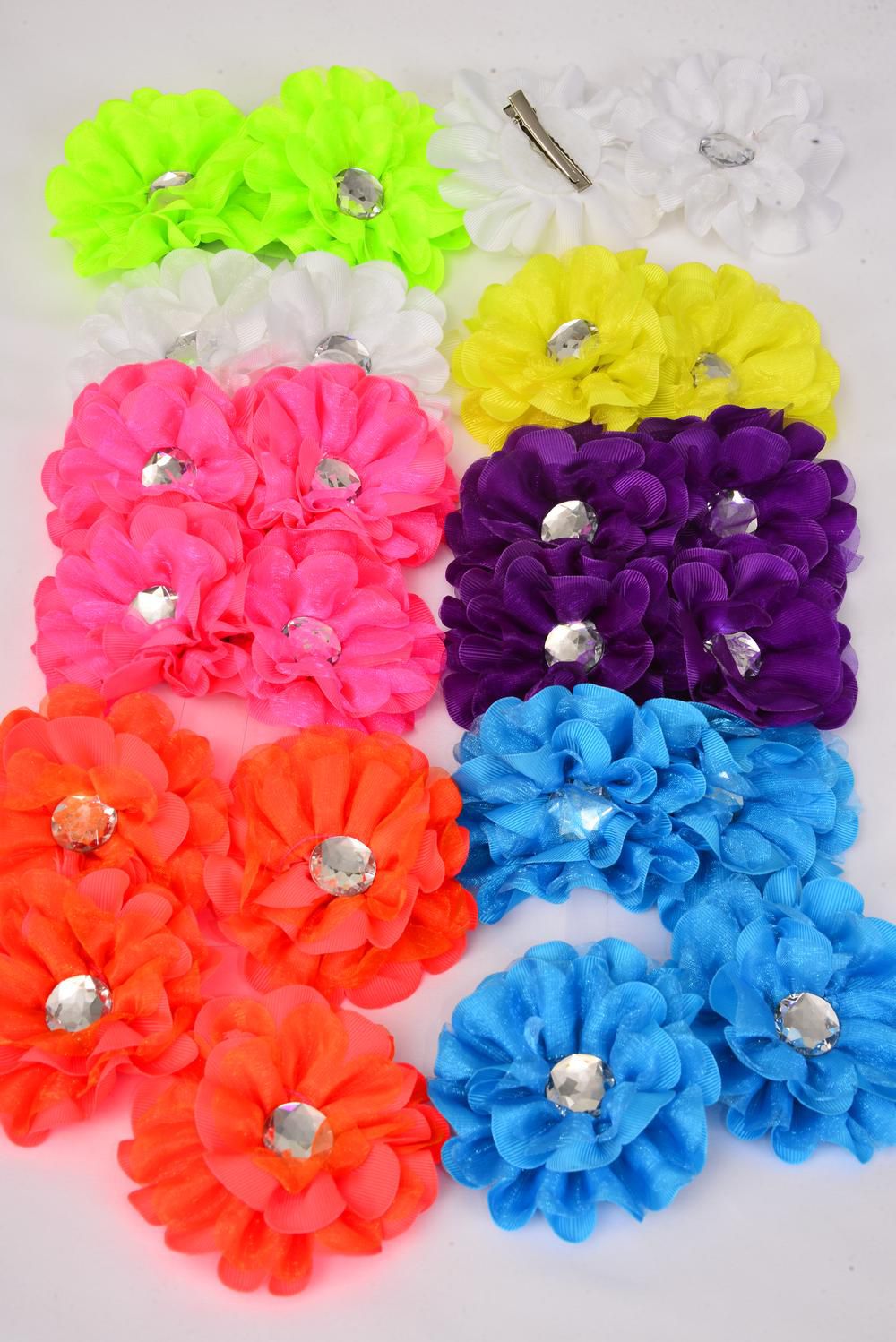 Hair Bows Flower 24 pcs Grosgrain 24 pcs Caribbean Neon Center Clear