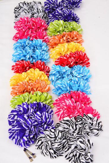 Hair Bow 24 pcs Flower Zebra Print Grosgrain Flower / 24 pcs  Bow = Dozen Alligator Clip , Flower - 3" Wide , 2 White , 2 Fuchsia ,1 Yellow , 1 Red , 2 Blue , 2 Purple , 1 Lime , 1 Orange Mix , Clip Strip , 12 pair / DOZEN