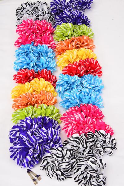 Hair Bow 24 pcs Flower Zebra Print Grosgrain Flower / 24 pcs  Bow = Dozen Alligator Clip , Flower - 3" Wide , 2 White , 2 Fuchsia ,1 Yellow , 1 Red , 2 Blue , 2 Purple , 1 Lime , 1 Orange Mix , Clip Strip , 12 pair / DOZEN