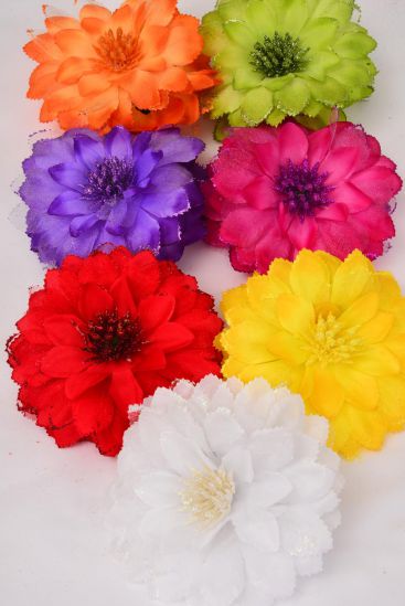 Flower Jaw Clip Chiffon Glitter Trim Multi / 12 pcs Jaw Clip Flower = Dozen   Flower Size - 5.5" Wide , 2 Fuchsia , 2 Yellow , 2 Purple , 2 Blue , 2 White , 1 Orange , 1 Lime Color Mix , Hang Tag & UPC Code , Clear Box
