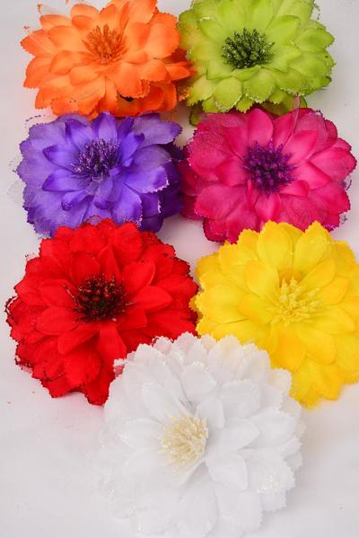 Flower Jaw Clip Chiffon Glitter Trim Multi / 12 pcs Jaw Clip Flower = Dozen   Flower Size - 5.5" Wide , 2 Fuchsia , 2 Yellow , 2 Purple , 2 Blue , 2 White , 1 Orange , 1 Lime Color Mix , Hang Tag & UPC Code , Clear Box