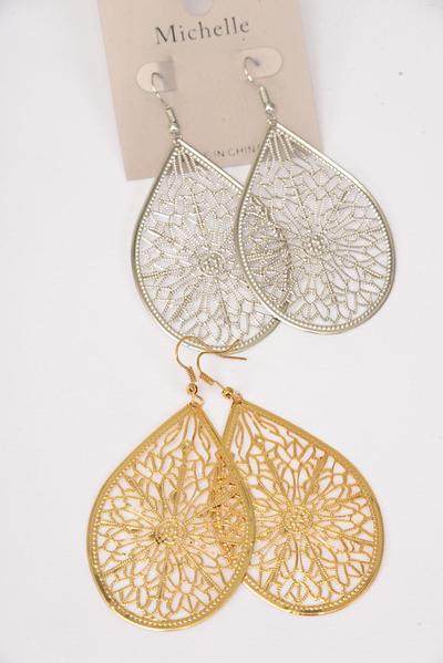 Earrings Laser Cut Stainless Steel Teardrop Gold Silver Mix / 12 pair = Dozen Fish Hook , Size - 2.5" x 1.5" Wide , 6 Silver , 6 Gold Color Mix , Earring Card & OPP bag & UPC Code
