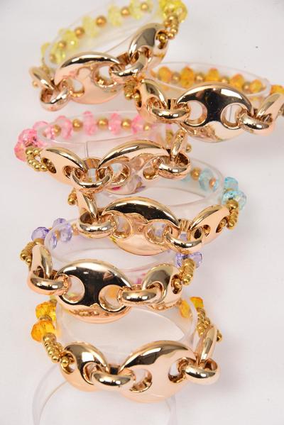 Bracelet Gold Chain Style & Acrylic Beads Stretch /  12 pcs = Dozen Stretch , 2 Multi , 2 Purple , 2 Pink , 2 Blue , 2 Orange , 1 Lime , 1 Yellow Color Asst , Hang Tag & OPP bag & UPC Code