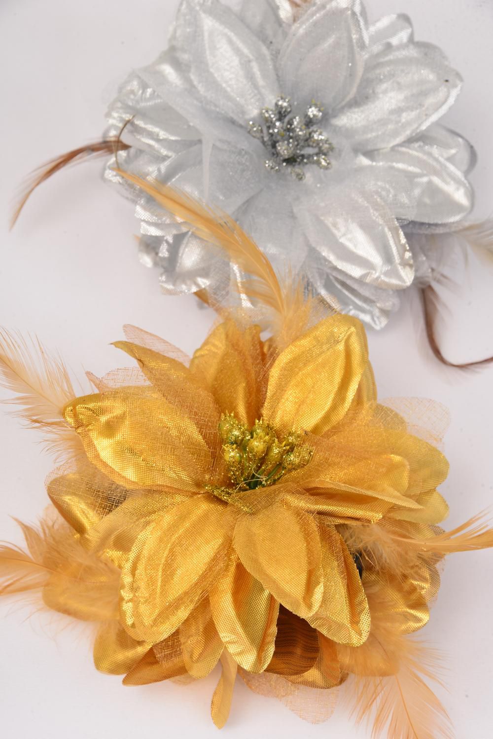 Jaw Clip Flower Metallic Gold & Silver Mix/DZ Flower Size5.5" wide,6