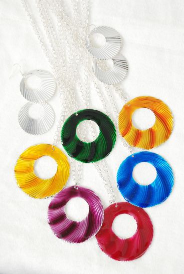 Necklace Sets Enamel Circle Pendant / 12 pcs = Dozen Pendant Size - 2.5", Earring Size - 1" Wide , 36'' Chain , 2 of each Color Asst , Hang tag & OPP bag & UPC Code 
