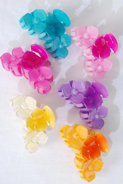 Jaw Clip Acrylic 3 Flowers Aloha / 12 pcs Jaw Clip = Dozen    Size-3.5"x 2.5" Wide ,2 Beige ,2 Fuchsia ,2 Pink ,2 Blue ,2 Orange ,2 Purple  Color Asst ,Hang Tag & OPP Bag & UPC Code -