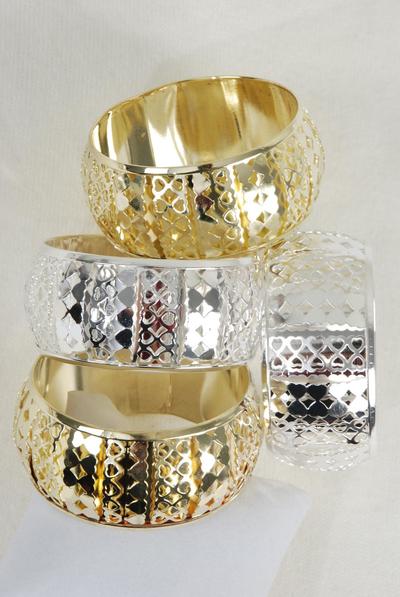 Bracelet Bangle Metal Heart Gold Silver Mix / 12 pcs = Dozen Size - 2.75" x 1.25" Wide , 6 Gold , 6 Silver Mix , Hang tag & OPP Bag & UPC Code 