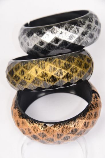 Bracelet Bangle Antique Acrylic Hinge Diamond Cut Brush Stroke / 12 pcs = Dozen  Fall , Hinge , Size - 2.75  x 1" Wide , 4 of each Pattern Asst , Hang Tag & OPP Bag & UPC Code
