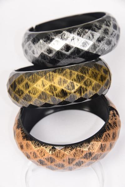 Bracelet Bangle Antique Acrylic Hinge Diamond Cut Brush Stroke / 12 pcs = Dozen  Fall , Hinge , Size - 2.75  x 1" Wide , 4 of each Pattern Asst , Hang Tag & OPP Bag & UPC Code