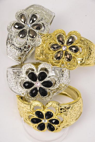 Bracelet Bangle Acrylic Hinge Flower Gold Silver Mix / 12 pcs = Dozen Hinge , Size - 2.75" x 2" , Black & Hematite Stone Color Mix , 3 of each Pattern Asst , Hang Tag & Opp Bag & UPC Code