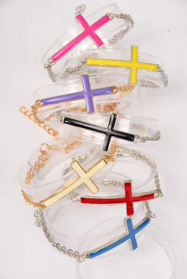 Bracelet Sideways Cross Enamel  Double Chains Extension Chain / 12 pcs = Dozen Adjustable Length , Cross - 1.75" x 0.75" wide , 2 Black , 2 Purple , 2 Blue , 2 Fuchsia , 2 Red , 1 Yellow , 1 White Color Mix