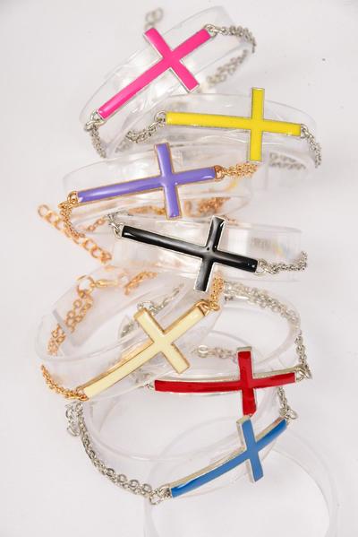 Bracelet Sideways Cross Enamel  Double Chains Extension Chain / 12 pcs = Dozen Adjustable Length , Cross-1.75"x 0.75" wide , 2 Black , 2 Purple , 2 Blue , 2 Fuchsia , 2 Red , 1 Yellow , 1 White Color Mix