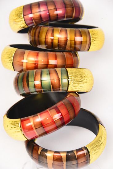 Bracelet Bangle Acrylic Fall Brush Stripe Gold Trim / 12 pcs = Dozen Size - 2.75" x 1" Wide , 2 of each Color Asst , Hang Tag & OPP Bag & UPC Code 