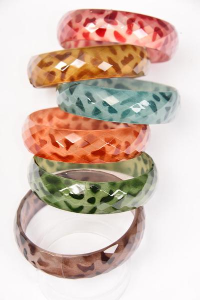 Bracelet Bangle Acrylic Leopard Print Multi / 12 pcs = Dozen Size - 2.75" x 0.75" Wide , 2 Brown , 2 Blue , 2 Burgundy , 2 Black , 2 Light Brown , 1 Green , 1 Orange Color Asst , Hang Tag & OPP Bag & UPC Code
