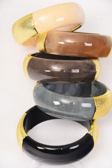 Bracelet Bangle Acrylic Marble Look Gold Trim Neutral Color Mix  / 12 pcs = Dozen Netural , Size - 2.75" x 1" Dia Wide , 4 Ivory , 2 Black , 2 Dark Brown , 2 Camel , 2 Gray Color Asst , Hang Tag & Opp bag & UPC Code 