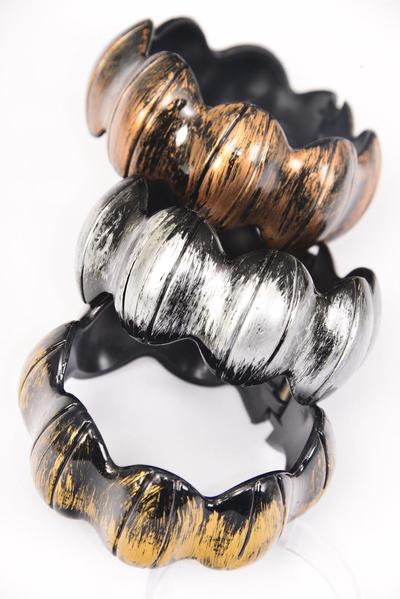 Bracelet Bangle Acrylic Hinge Oval Brush Stroke Antique / 12 pcs = Dozen Fall , Hinge , Size - 2.75" x 1.25" , 4 of each Color Asst , Hang Tag & OPP Bag & UPC Code