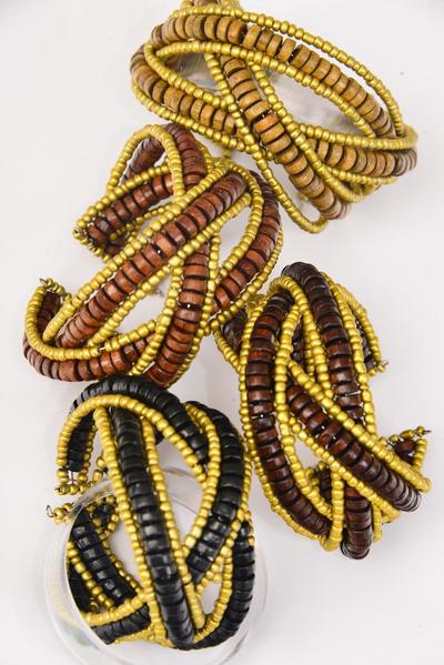Bracelet Bangle Cuff Bohemian Wooden Beads / 12 pcs = Dozen Flexible , Size - 1.75" Wide , 3 Black , 3 Dark Brown , 3 Medium Brown , 3 Natural Color Asst, Hang tag & OPP Bag & UPC Code