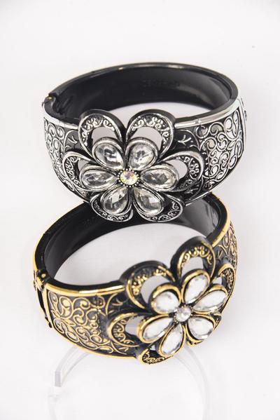 Bracelet Bangle Acrylic Hinge Fall Flower Antique Finish / 12 pcs = Dozen Hinge , Size- 2.75" x 2" , 6  of each Pattern Asst , Hang Tag & Opp Bag & UPC Code