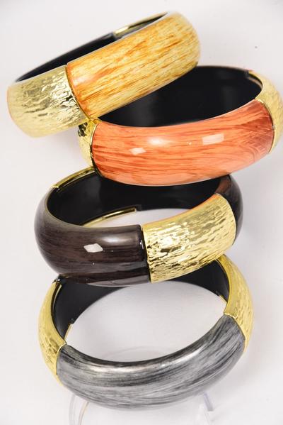 Bracelet Bangle Acrylic Brush Stroke Gloss Wood Finish Gold Accent / 12 pcs = Dozen Size - 2.75" x 1.25" Dia Wide , 3 of each Pattern Asst , Hang Tag & OPP bag & UPC Code