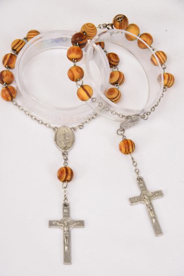 Bracelet Rosary 10 mm Natural Wooden Beads Crucifix / 12 pcs = Dozen Adjustable Length , Hang tag & Opp Bag & UPC Code