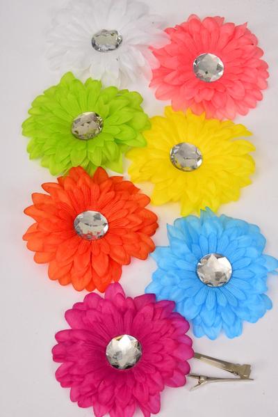 Flower Daisy Multi Alligator Clip / 12 pcs Flower = Dozen Alligator Clip , Flower-4" Wide ,2 Fuchsia ,2 Blue ,2 Yellow ,2 White ,2 Peach ,1 Orange ,1 Lime Color Asst,  Display Card & UPC Code,W Clear Box