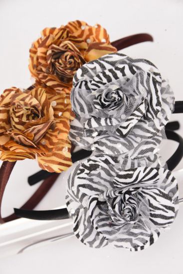 Headband Horseshoe Flower Rose Zebra Pattern Mix / 12 pcs =Dozen Flower Size - 4" Wide , 8 Black , 4 Brown Mix , Hang Tag & UPC Code , W Clear Box