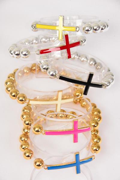 Bracelet Sideways Cross Epoxy 10 MM Gold Beads / 12 pcs = Dozen  Stretch , Cross - 1.75" x 0.75" Wide , 2 Of each Color Mix , Hang Tag & OPP Bag & UPC Code 