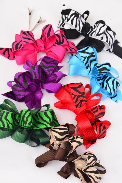 Hair Bow Large Loop Bow Zebra Print Grosgrain Bow-tie / 12 pcs Bow = Dozen  Alligator Clip , Bow Size - 5" x 4" Wide , 2 Black , 2 Red , 2 Fuchsia , 2 Brown , 2 Blue ,1 Green , 1 Purple Color Asst , Clip Strip & UPC Code