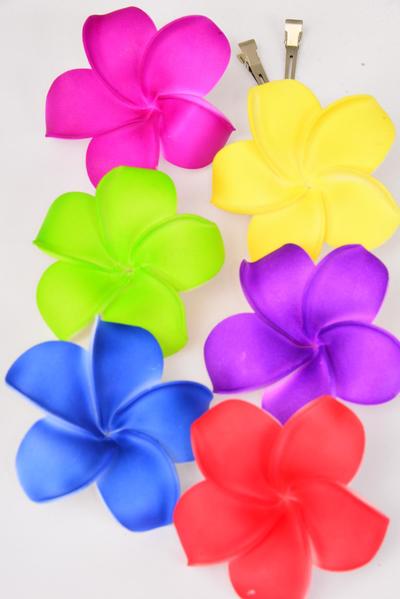 Flower Large Aloha Multi Alligator Clip / 12 pcs Flower = Dozen Alligator Clip , Flower - 4" Wide , 2 of each Color Asst , Display Card & UPC Code , W Clear Box