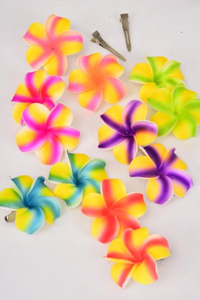 Flower 24 pcs Aloha 2 tone Flowers / 24 pcs Flower = Dozen Alligator Clip , Flower - 2.5" Wide , 2 of each Color Asst , Display Card & UPC Code , Clear Box,2 pecs per card,12 card=Dozen