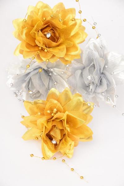 Flower Hat Pin String Beads Gold Silver Asst / 12 pcs Flower = Dozen    Hat Pin , Flower Size - 3" , Pin - 3" , 6 Gold , 6 Silver Asst , Display Card & UPC Code , Clear Box