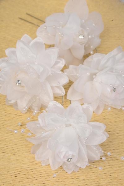 Flower Hat Pin White String Beads / 12 pcs Flower = Dozen Hat Pin , Flower Size - 3" Wide , Pin - 3" , Display Card & UPC Code , Clear Box