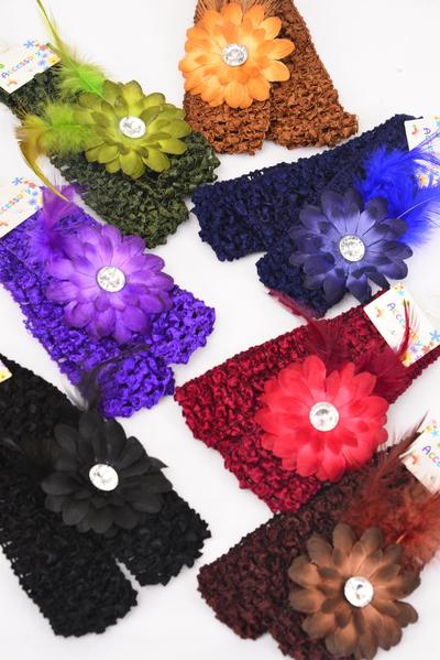 Ballerina Headband 24 pcs Daisy Flower Feathers / 12 card = Dozen  = Dozen Stretch , Ballerina-1.5" Wide , Flower-3" Wide , 2 Black , 2 Brown , 2 Purple , 2 Burgundy , 2 Navy , 1 Camel , 1 Olive Green Mix 