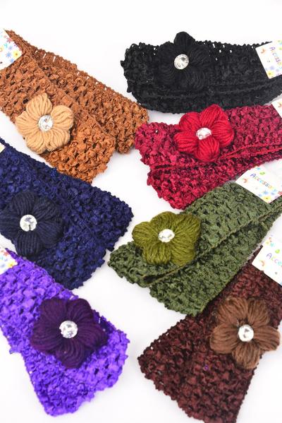 Ballerina Headband 24 pcs Crochet Daisy Flower Stretch Dark Multi / 12 card = Dozen  Stretch , Ballerina - 1.5" Wide , Flower - 2.5" wide , 2 Black , 2 Brown , 2 Purple , 2 Burgundy , 2 Navy , 1 Camel , 1 Olive Green Mix 