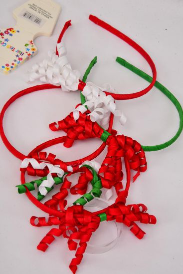 Headband Horseshoe Christmas Twirl Grosgrain Fabric / 12 pcs = Dozen 3 of each Pattern Asst , Hang tag & UPC Code , Clear Box