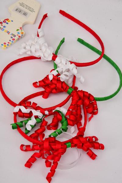 Headband Horseshoe Christmas Twirl Grosgrain Fabric / 12 pcs = Dozen 3 of each Pattern Asst , Hang tag & UPC Code , Clear Box