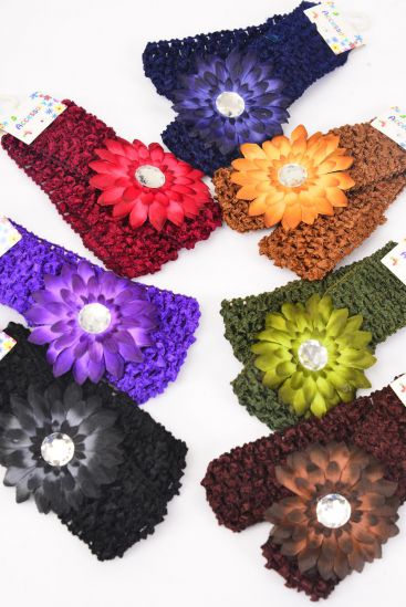 Ballerina Headband 24 pcs 2 tone Daisy Flower Dark Multi / 12 card = Dozen Stretch , Ballerina - 1.5" Wide , Flower - 3" Wide , 2 Black , 2 Brown , 2 Purple , 2 Burgundy , 2 Navy , 1 Camel , 1 Olive Green Mix.