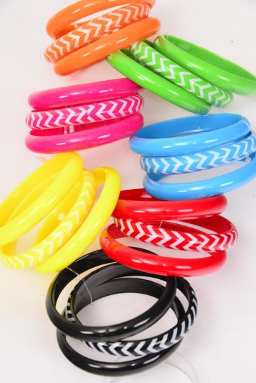 Bracelet Bangle 36 pcs Acrylic Chevron Pattern Multi / 36 pcs = Dozen  Multi , Size - 2.75" x 0.5", 2 Black , 2 Blue , 2 Red , 2 Yellow , 2 Fuchsia , 1 Orange , 1 Lime Mix , Hang tag & OPP Bag & UPC Code 