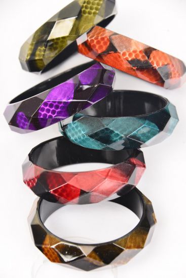 Bracelet Bangle Acrylic Animal Pattern Diamond Cut Multi / 12 pcs = Dozen Multi , Size - 2.75" x 1" Wide , 2 Brown , 2 Burgundy , 2 Purple , 2 Olive , 2 Teal Blue Color Asst , Hang Tag & OPP Bag & UPC Code