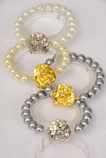 Bracelet 10 mm Glass Pearl Gold Lion Head / 12 pcs = Dozen Stretch , 3 of each Color Asst , Hang Tag & OPP Bag & UPC Code