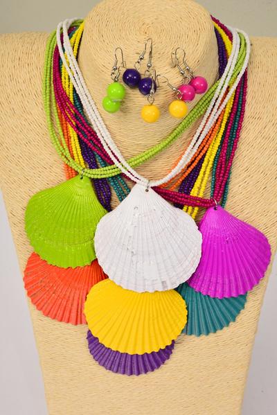 Necklace Sets Multi Real Seashell Pendant Indian Beads / 12 pcs = Dozen 18" Long , Pendant Size-2.5" x 2.5" , 2 White , 2 Teal green , 2 Fuchsia , 2 Purple , 2 Yellow , 1 Orange , 1 Lime Mix , Hang Tag & OPP Bag & UPC Code