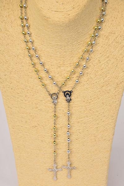 Necklace 6 mm Beads Crucifix Mother Virgin Mary Rosary Gold Silver Mix / 12 pcs = Dozen 32" Long , 6 Gold & 6 Silver Mix , Hang tag & Opp Bag & UPC Code