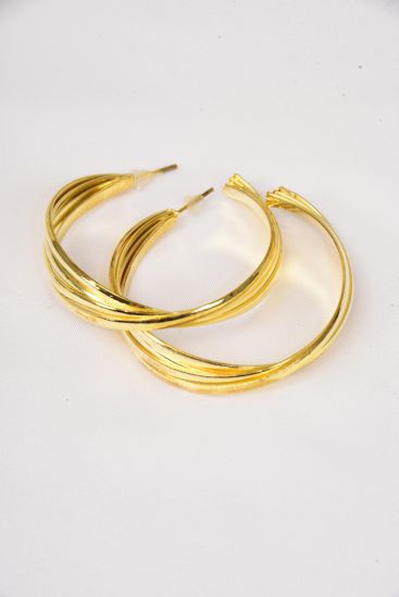 Earrings Metal Gold Loop Twist Post / 12 pair = Dozen Gold , Post , Size - 1.75" Wide , Earring Card & OPP bag & UPC Code