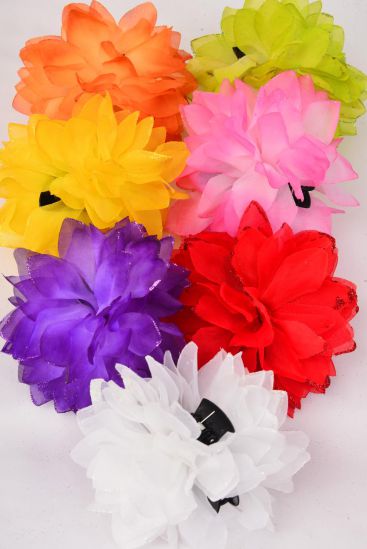 Flower Jaw Clip Chiffon Gradient Tiedye Multi / 12 pcs Jaw Clip Flower = Dozen   Flower Size - 5.5" Wide , 2 Pink , 2 Yellow , 2 Purple , 2 Blue , 2 White , 1 Orange , 1 Lime Color Mix , Hang Tag & UPC Code , Clear Box