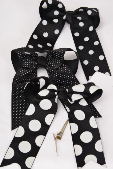 Hair Bow Jumbo Long Tail Polka dots Black Grosgrain Bow-tie / 12 pcs Bow = Dozen  Black , Alligator Clip , Size - 6.5" x 6" , 4 Of Each Pattern Asst , Clip Stip & UPC Code