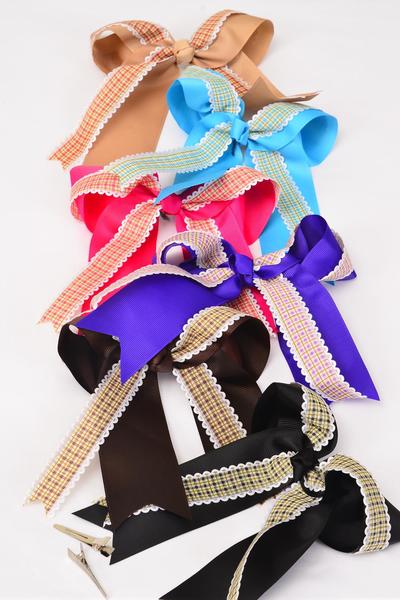 Hair Bow Jumbo Long Tail Double Layered Plaid Grosgrain Bow-tie / 12 pcs Bow = Dozen  Alligator Clip , Bow - 6.5" x 6" , 2 Turquoise , 2 Fuchsia , 2 Khaki , 2 Brown , 2 Black , 2 Purple Color Asst , Clip Strip & UPC Code
