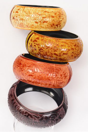Bracelet Bangle Acrylic Hinge Bohemian Brush Stroke Natural Wood Finish / 12 pcs = Dozen Fall , Size - 2.75" x 1.25" Wide , 3 of each Color Asst , Hang tag & Opp Bag & UPC Code