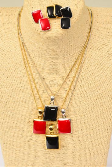 Necklace Sets Snake Chain Enamel Pendant Gold Black Gold Red Silver Black Color Asst / 12 sets = Dozen Asst , Post , Size - 24" Chain , 4 Gold Black , 4 Gold Red , 4 Silver Color Asst , Display Card & OPP bag & UPC Code