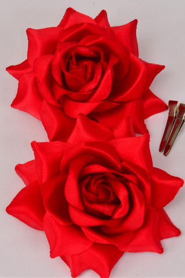 Flower Silk Tea-Rose Large Poppy Red / 12 pcs Flower = Dozen Size - 5.5" , Elastic Pony & Alligator Clip & Brooch , Hang Tag & UPC Code , W Clear Box
